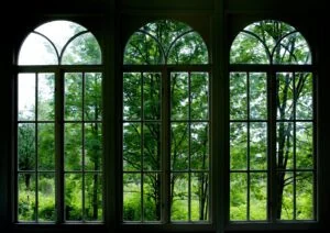 A view of trees through a popular window type.