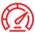 A red speedometer icon on a gray background.