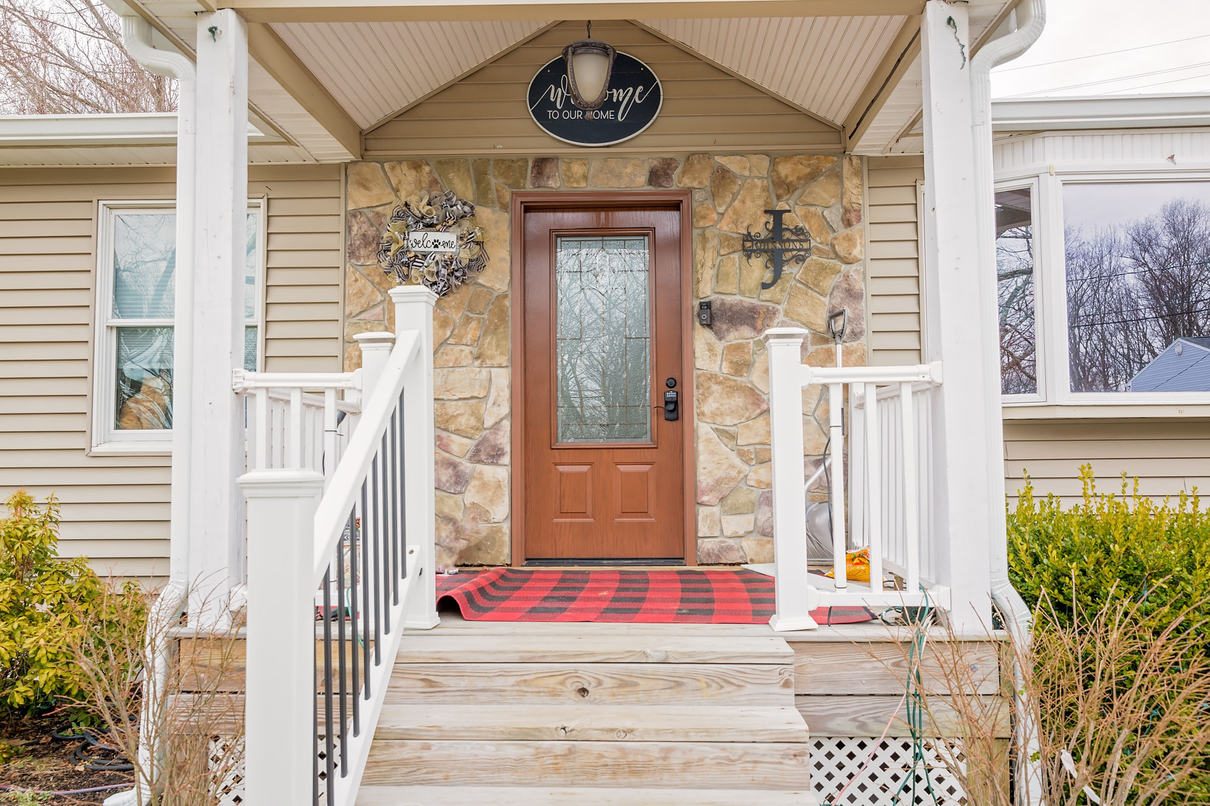 The front door of a home with a doormat.
