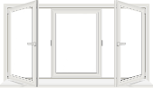 A white window with two open doors.