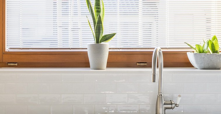 A white sink with a potted plant in front of a window.