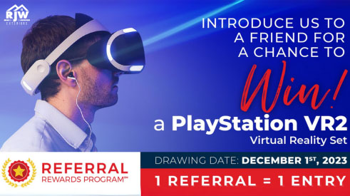 A man wearing a virtual reality headset with the text introduce us to a friend for a chance to win a playstation v.
