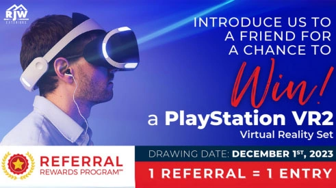 A man wearing a virtual reality headset with the text introduce us to a friend for a chance to win a playstation v.