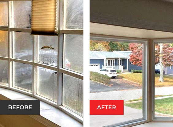 A house with a bay window before and after window cleaning.