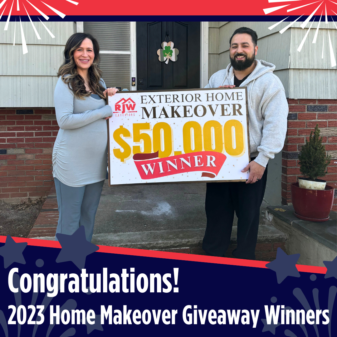 Two individuals stand in front of a house holding a sign that reads "exterior home makeover $50,000 winner." the image includes text that states "congratulations! 2023 home make.