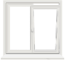White window frame with closed shutters against a dark background.