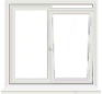 White window frame with closed shutters against a dark background.