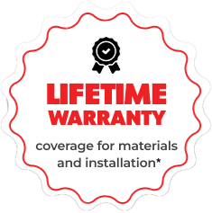 A badge with the words lifetime warrant coverage for materials and installations.