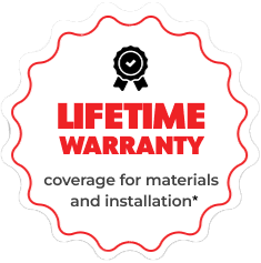 A badge with the words lifetime warrant coverage for materials and installations.