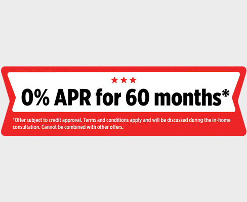 Red and white banner advertising "0% apr for 60 months" with a footnote about credit approval and terms.