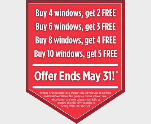 Red and white promotional banner offering tiered free window deals with purchase requirements, including a disclaimer at the bottom.